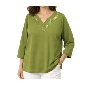 Quacker Factory Top Green Tunic Sequins Cotton V-Neck Pullover Momcore Size 1X